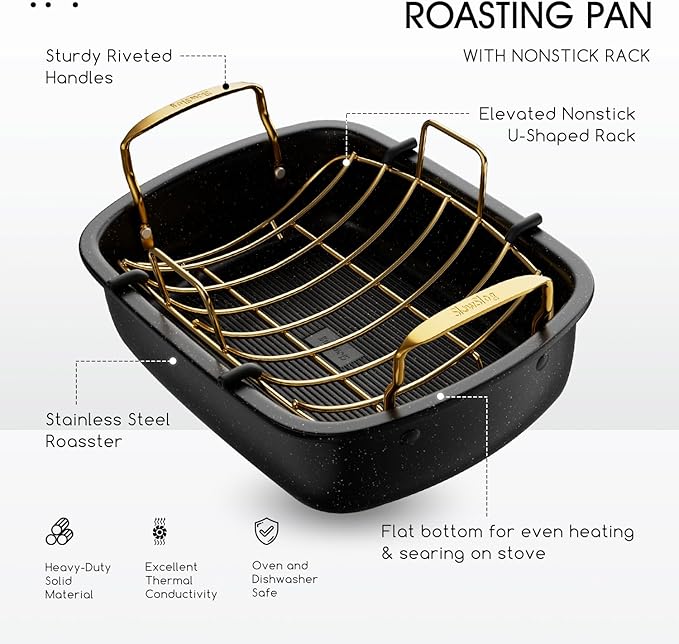 Nonstick Roasting Pan with Rack, 17" x 13" Large Turkey Roaster Pan, Oven Roasting Pan, Roaster Pan for Turkey, Chicken, Vegetable, Gold & Black