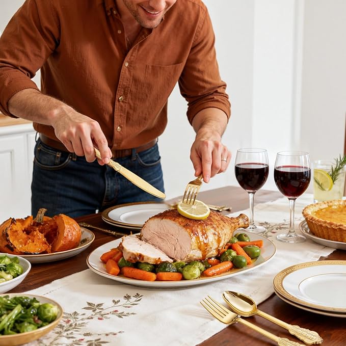 WDF 300 Pieces Gold Plastic Silverware Disposable - Heavy Duty Christmas Plastic Cutlery - Gold Silverware Sets Includes 100 Forks, 100 Spoons, 100 Knives