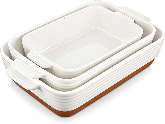 MALACASA Casserole Dishes for Oven, Ceramic Baking Dishes Set of 3, Baking Pan Casserole Dish Set, Rectangular Lasagna Pan Deep with Handles for Baking, Khaki White (14.5''/13''/10.5''), Series TARA