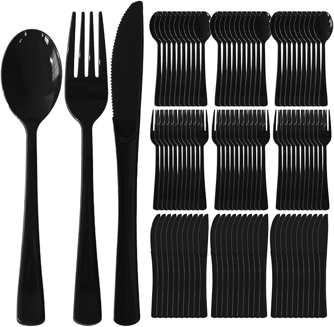 150 Pack Disposable Plastic Silverware, Heavy Duty Black Plastic Cutlery Set Includes 50 Forks 50 Knives 50 Spoons for Birthday Wedding Party Picnics (150, Black)