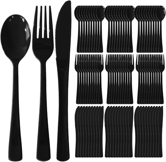 300 Pack Disposable Plastic Silverware, Heavy Duty Black Plastic Cutlery Set Includes 100 Forks 100 Knives 100 Spoons for Birthday Wedding Party Picnics (300, Black)