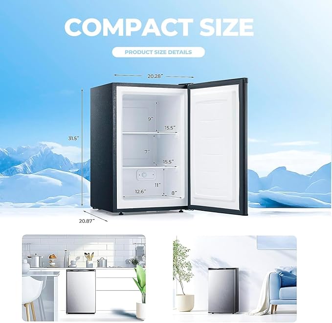 3.2 Cu.ft Small Freezer, Mini Upright Freezer with Adjustable Thermostat, Removable Shelves, Reversible Single Door, for Bedroom/Home/Dorms/Apartment, Silver