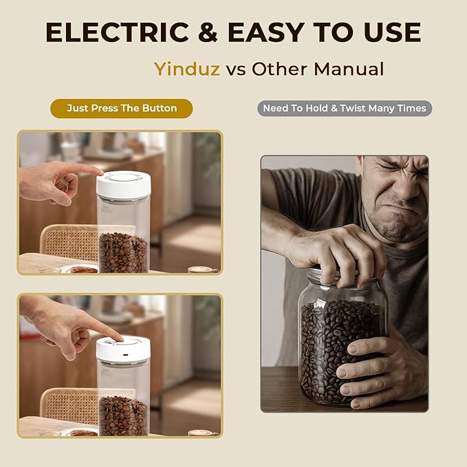 Coffee Bean Storage Container, 600ml Electric Airtight Coffee Canister, Gift for Coffee Lovers, One-Button Operation & Date Tracker Vacuum Canister, Food Storage Container with Borosilicate Glass