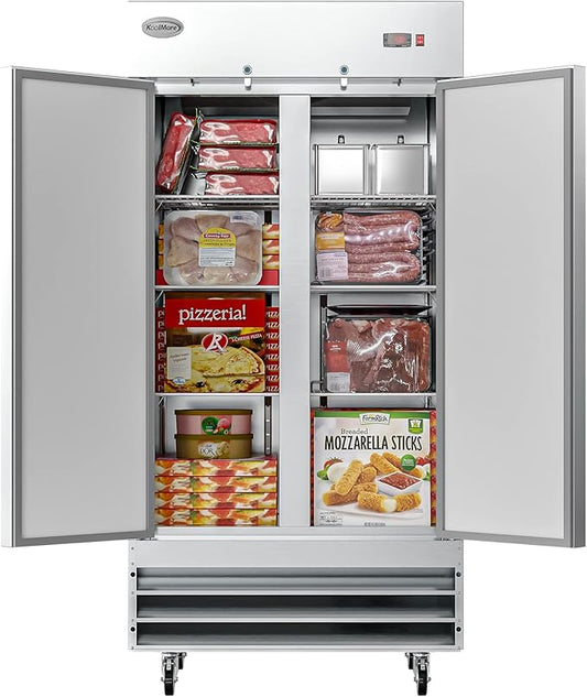 KoolMore Commercial Two Door Reach-in Freezer for Restaurant, Cafe, and Cold Food Storage, Stainless Steel Finish, Large 35 Cu. Ft. Capacity, Heavy Duty Kitchen Use (RIF-2D-SS35C),Silver