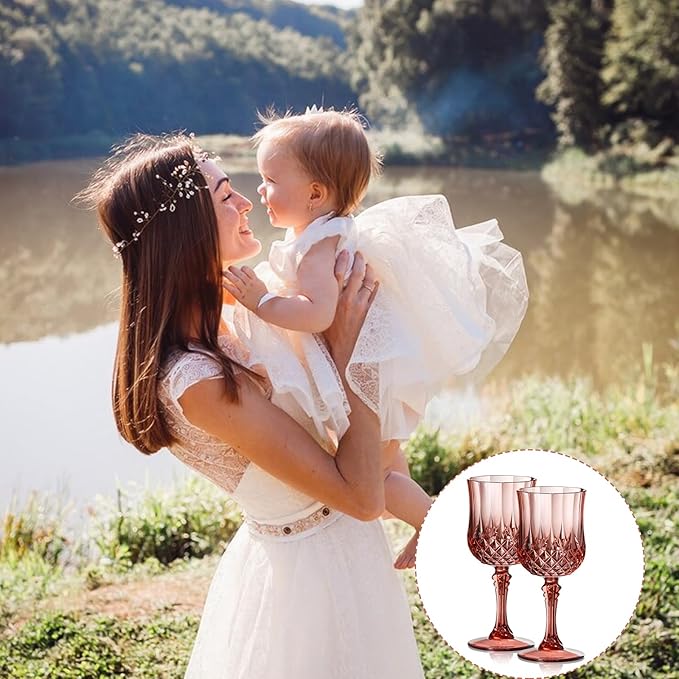 XUWAIDSGN 16 Pcs 7oz Plastic Vintage Wine Glasses Drinking Glasses Unbreakable Wedding Glassware Crystal Water Goblets Reusable Drinkware Vintage Champagne Flutes (16, Rose Gold)