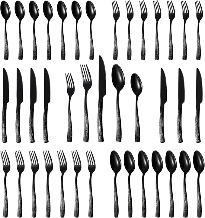 40-Piece Black Silverware Set for 8, CITESANA Heavy Duty Stainless Steel Flatware Set with Ripple Handles, Mirror Polished Kitchen Cutlery Set