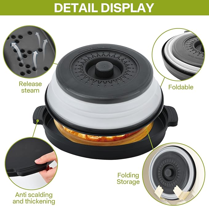 Microwave Splatter Cover for Food with Anti-scald Base Plate,Large Plastic & Silicone Vented Avoid Scalding Collapsible Guard Lid, Plate & Kitchen Colander for Meal Prep-10.7 Inch (2pcs-Gray-Black)