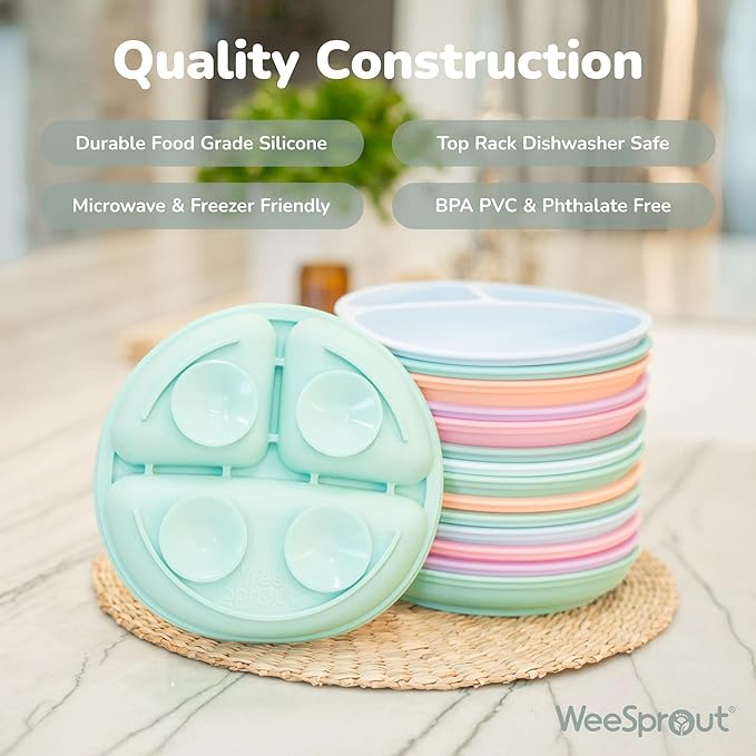 WeeSprout Suction Plates with Lids for Babies & Toddlers - 100% Silicone, Dinnerware Stays Put, Divided Design for Picky Eaters, Microwave & Dishwasher Friendly, 3 Pack