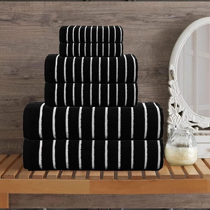 CASA COPENHAGEN Ecstatic 6 Pieces Towel Set- Black, 600 GSM 2 Bath Towel 2 Hand Towel 2 Washcloth, Designed in Denmark Made of Soft Egyptian Cotton for Bathroom, Kitchen & Shower
