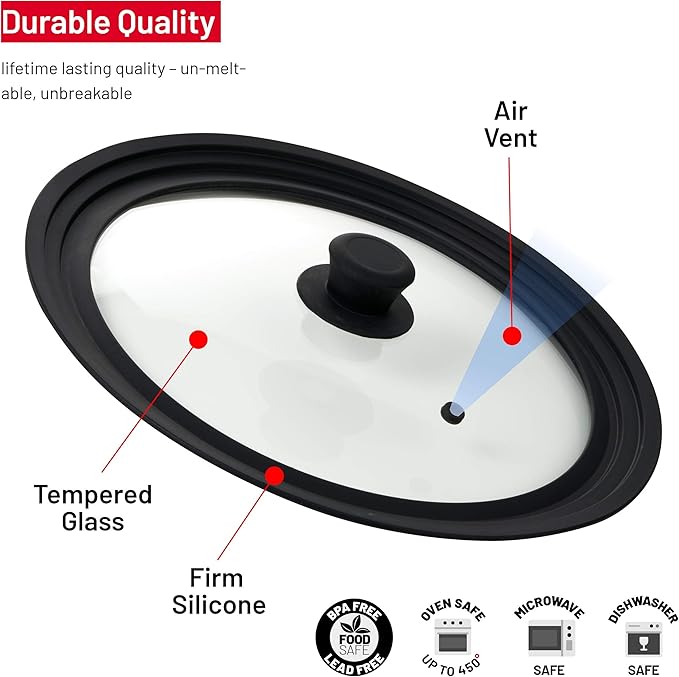 Bezrat Universal Lids for Pots, Pans and Skillets - 2-Pack Heat-Resistant Covers Tempered Glass with Silicone Rim - Fits 10”, 11”, 12” Cookware - Kitchen Covers, Dishwasher Safe (Single, 10",11",12")