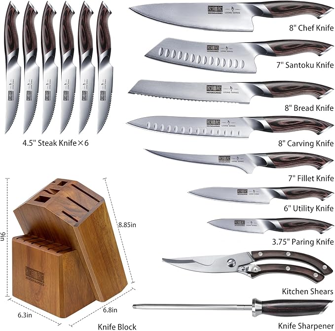 HOSHANHO 16-Piece Knife Set, Japanese High Carbon Stainless Steel Kitchen Knife Set, Ultra Sharp Chef Knife Block Set with Sharpener