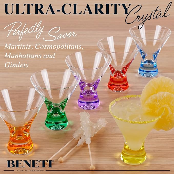 BENETI European Made Colored Martini Glasses Set of 6 Stemless Cocktail Glasses - 8 Oz, Dishwasher Safe, Crystal Glass Cups for Partys