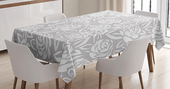 Ambesonne Grey Tablecloth, Rose Flower Pattern of Floral Old Fashion Motifs in Neutral Colored Graphic Print Ornate Retro Boho Form, Dining Room Kitchen Rectangular Table Cover, 60" X 84", White Grey