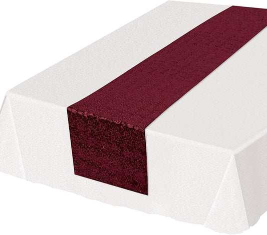 Beistle Burgundy Sequined Table Runner – Sparkling Fabric Table Decoration, Elegant Accessory for Weddings, Banquets, Holiday Parties, Anniversaries, Birthdays & Special Celebrations, 11¼” x 6’ 3”