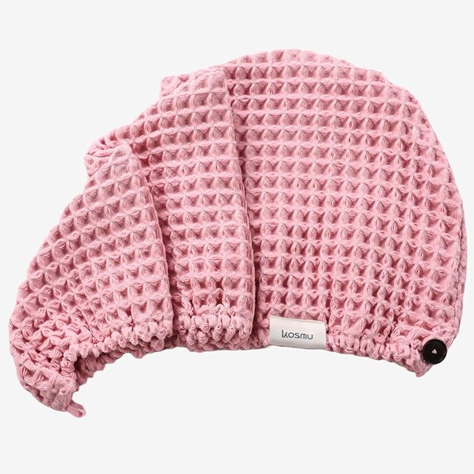 100% Organic Cotton Hair Drying Waffle Towel Wrap for Women | Absorbent & Quick Dry Head Turban for Wet Hair in Shower Sauna Spa, Extra Large for Long Straight Curly Plopping Button (Pink, 1 PACK)