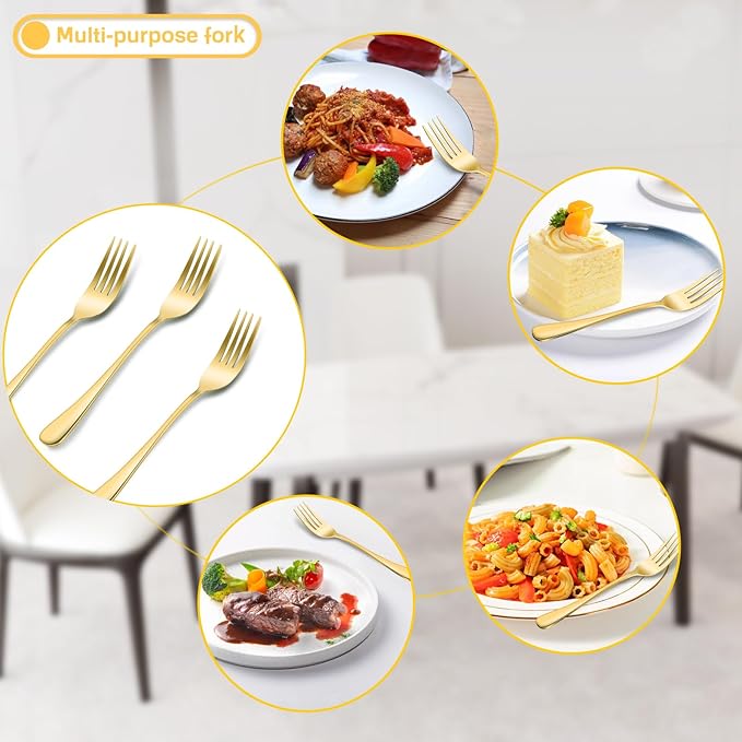 12 Pieces Spoons and Forks Set,Food Grade Stainless Steel Flatware Cutlery Set,6 Forks(6.8 inch)and 6 Spoons(6.6inch)Silverware Set for Home,Kitchen,Restaurant-Mirror Polished & Dishwasher Safe(Gold)