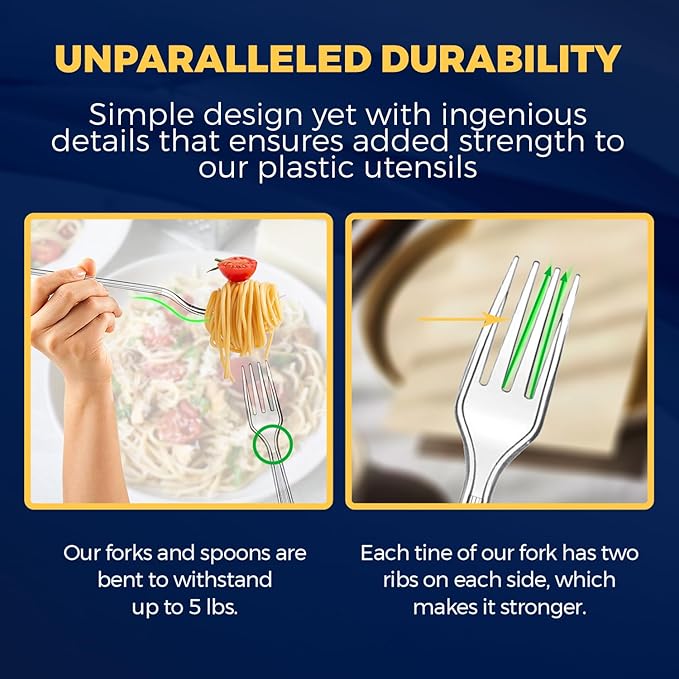 360 Count Extra Heavy Duty Plastic Silverware Set – Heat Resistant & BPA Free Disposable Silverware Cutlery 150 Forks, 150 Spoons, 60 Knives – Clear Premium Plastic Utensils for Parties & Events