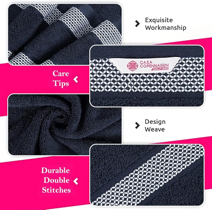 CASA COPENHAGEN Solitaire 6 Pieces Towel Set- Dark Navy, 600 GSM 2 Bath Towel 2 Hand Towel 2 Washcloth, Designed in Denmark Made of Soft Egyptian Cotton for Bathroom, Kitchen & Shower