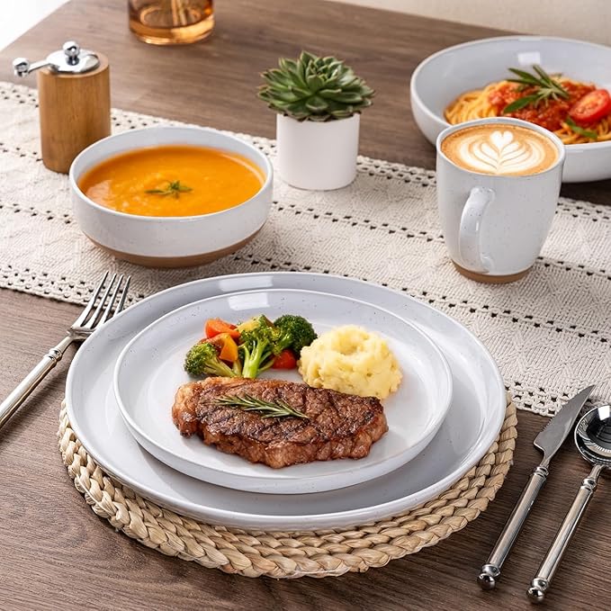 AmorArc Ceramic Dinnerware Sets for 4, 12 Pieces Handpainted Plates and Bowls Set with Rustic Terracotta Underside, Scratch Resistant Stoneware Dishes Set, Dishwasher & Microwave Safe, White