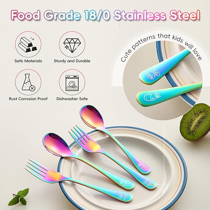 12 Pieces Stainless Steel Rainbow Toddler Utensils Set - Food Grade Kids Silverware Set Children Safe Small Forks and Spoons Mirror Polished Sturdy and Durable Dishwasher Safe
