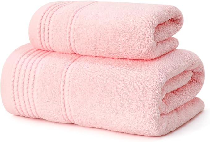 Thmyo Pack of 2 Premium Cotton Super Soft Bathroom Towels Set, 400 GSM Highly Absorbent Towel for Daily Use, Gym, Spa and Hotel, 1 Bath, 1 Hand, Pink