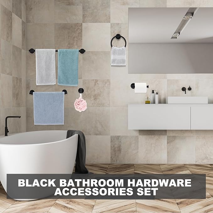 Gisafai 25 Pcs Bathroom Hardware Set, 23.6 Inch Brushed Towel Bar Ring Toilet Paper Holder Robe Towel Hook, SUS304 Stainless Steel Bathroom Accessory Set Wall Mounted (Black)