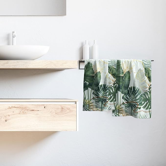 Imiss Palm Leaf Tropical Hand Towel Set of 2,Summer Green Gold Leaves Botanical Kitchen Dish Towels 14.4 x 28.3 Inch Soft Bathroom Guest Towels for Spa Yoga Gym Decor