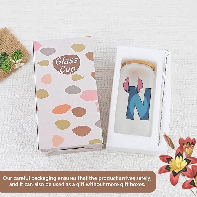 Cute Cartoon Lover Gifts Initial A-Z Personalized Iced Coffee Cup Cartoon Merch 16oz Glass Cup with Lid and Straws Birthday Christmas Gifts for Women Teen Girls Fans (Letter N)