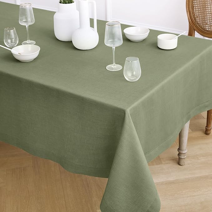 Solino Home Linen Tablecloth 60 x 90 Inch - 100% Pure Linen Oil Green Table Cloth for Rectangle Tables - Fete, Machine Washable Tablecloth for New Year