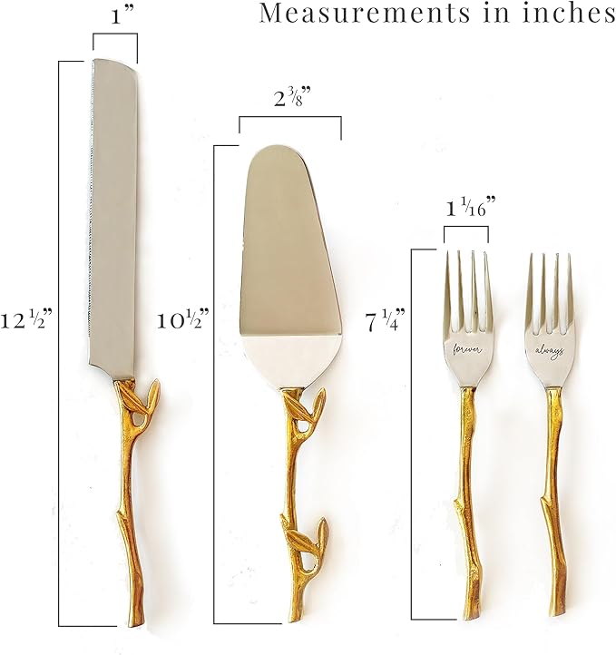 Wedding Cake Knife and Server Set with Gold Branch and Leaf Handles - 4-Piece Cake Cutting Set for Weddings with Engraved Forks - Rustic Gold Cake Cutter & Serving Gift Box