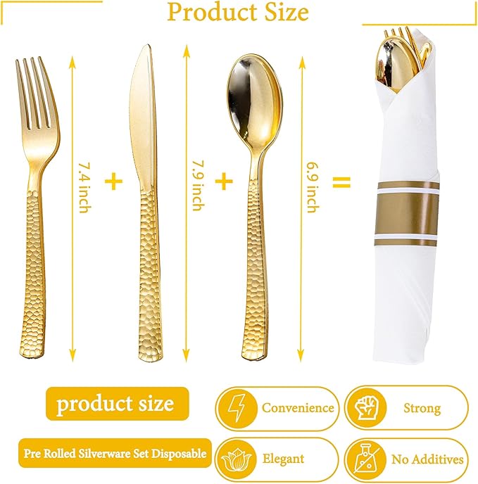 WELLIFE 50 Pack Gold Plastic Silverware with Pre Rolled Napkins,Hammer Pattern Design,Plastic Cutlery Includes: 50 Forks,50 Knives,50 Spoons,50 Napkins,Gold Silverware Disposable for Christmas
