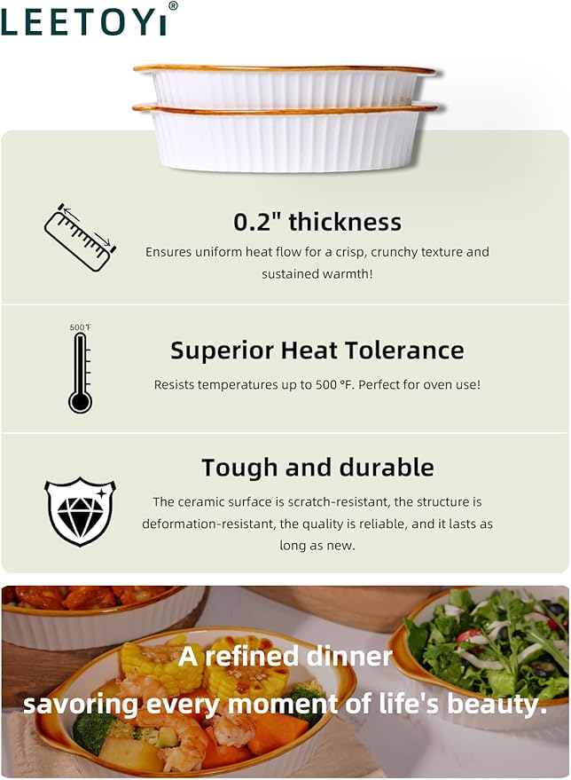 LEETOYI Porcelain Small Oval Au Gratin Pans, Baking Dish Set for 1 or 2 person servings, Bakeware with Double Handle for Kitchen and Home, Set of 2 (White/Brown)