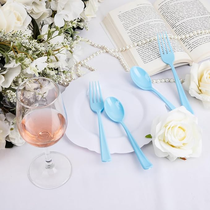 WDF 160 Piece Blue Plastic Silverware - Heavy Duty Blue Silverware Includes 80 Forks, 40 Spoons, 40 Knives, Disposable Plastic Utensils Perfect for Wedding, Graduation, Party