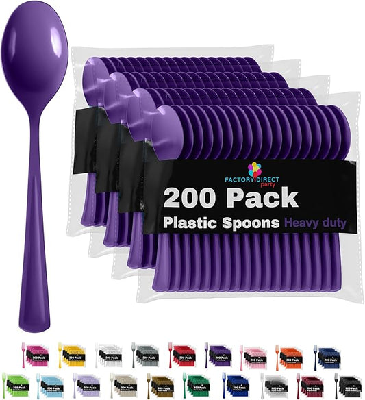 Party Solids Purple Plastic Spoons 200 Pieces Purple Spoons Disposable Utensils Heavy Duty Plastic Cutlery Set Disposable Cutlery Sets Flatware Sets Silverware Set Party Supplies & Party Tableware