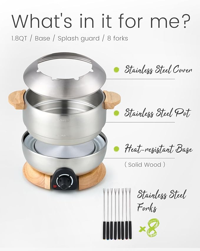 Sanenchue Fondue Pot, 6-Cup Electric Fondue Pot Set for Cheese & Chocolate, 8 Color-Coded Forks, Temperature Control, Stainless Steel Pot Set, Solid Wood Base and Handle, FD-24