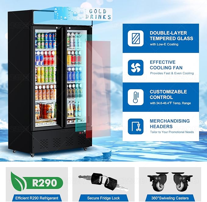 Commercial Glass Door Display Refrigerator 30 cu.ft Cooler Commercial Beverage Refrigerators with LED Light and 10 Shelves for Cafe, Restaurant, Store, Bar