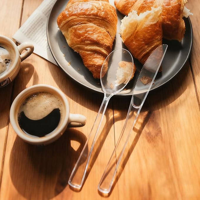 300 Count Clear Plastic Cutlery Sets Disposable, Includes 100 Knives, 100 Forks, 100 Spoons, Heavyweight Plastic Silverware Utensils for Parties, Events and Everyday Use (Cutlery Sets)