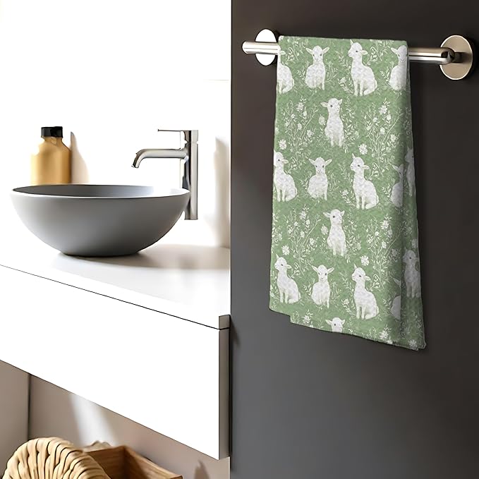 Sage Green Chinoiserie Lambs Kitchen Towels Decor,Floral Sheep Decorative Dish Tea Towels,Sage Green Grandmillennial Botanical Animal Hand Towels for Bathroom,16x24 Inch