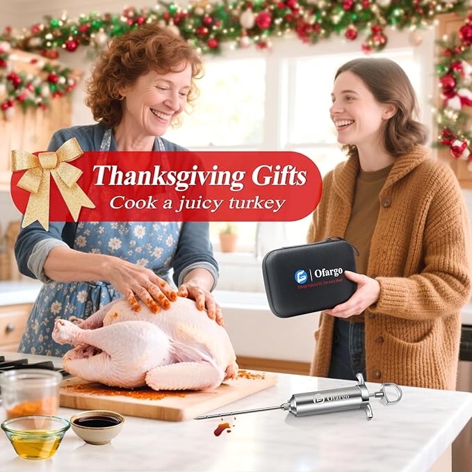 Ofargo Stainless Steel Meat Injector Syringe with 4 Marinade Needles and Travel Case for BBQ Grill Smoker, gifts for men dad husband in Thanksgiving Christmas day