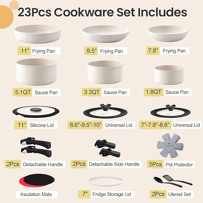 23 Pcs Nonstick Pots and Pans Set with 4 Detachable Handle, Ceramic Cookware Set Non Toxic, Induction Dishwasher Oven Safe Cookware Set, RV Kicthen Set Removable Handle, White Granite