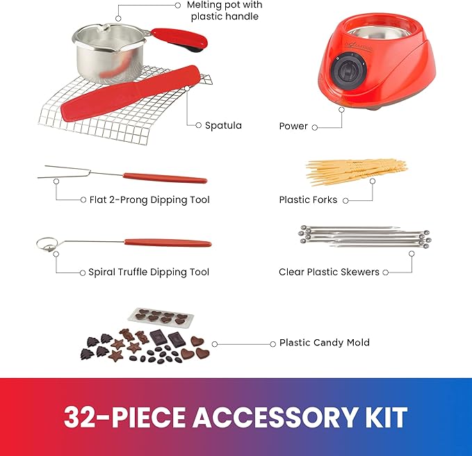 Total Chef Electric Chocolatiere Melter 32+ Accessories Fondue Pot Set Chocolate Fountain and Candy Melts 8.8 oz (250 g) DIY Candy Maker Dessert Special Occasion Gift Set for Romantic Dinner Red