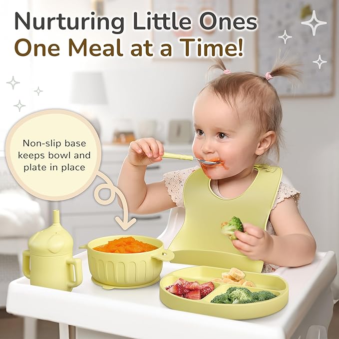 mimi & kiki BPA-Free Silicone Baby Feeding Set, Baby Plates and Bowls Set, Baby Led Weaning Supplies, Silicone Suction Plate, Baby Utensils, Bib and Cup, Self Feeding, Dishwasher Safe (Yellow)