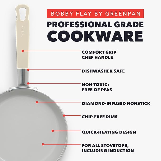 GreenPan x Bobby Flay 12" Nonstick Frying Pan Skillet, PFAS-Free Diamond Ceramic, Induction Suitable, Stay-Cool Silicone Handle, Easy Clean Dishwasher & Oven Safe, Egg & Omelet Pan, Cream