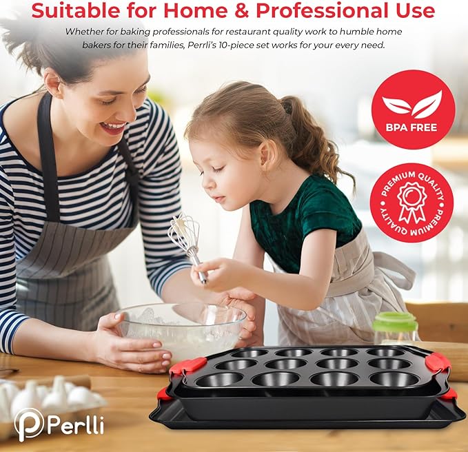PERLLI Non-Stick 6-Piece Baking Pan Set, BPA-Free Carbon Steel Bakeware Set with Silicone Handles, Stackable Kitchen Oven Set, Cookie Sheet, Baking Tray, Baking Sheet Set, Oven Safe (446°F)
