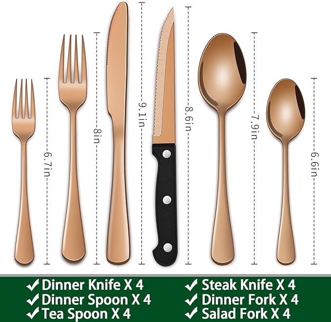 Rose Gold 24 PCS Flatware Sets With Steak Knives Service For 4 Person,Copper Eating Untensils Set For Kitchen,Silverware Set Includes Knife Spoon And Fork Set