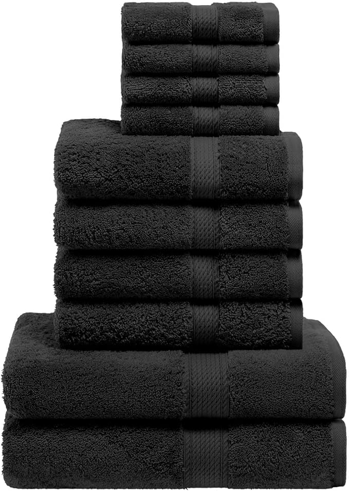 Superior Egyptian Cotton Pile 10 Piece Towel Set, Includes 2 Bath, 4 Hand, 4 Face Towels/Washcloths, Ultra Soft Luxury Towels, Thick Plush Essentials, Guest Bath, Spa, Hotel Bathroom, Black