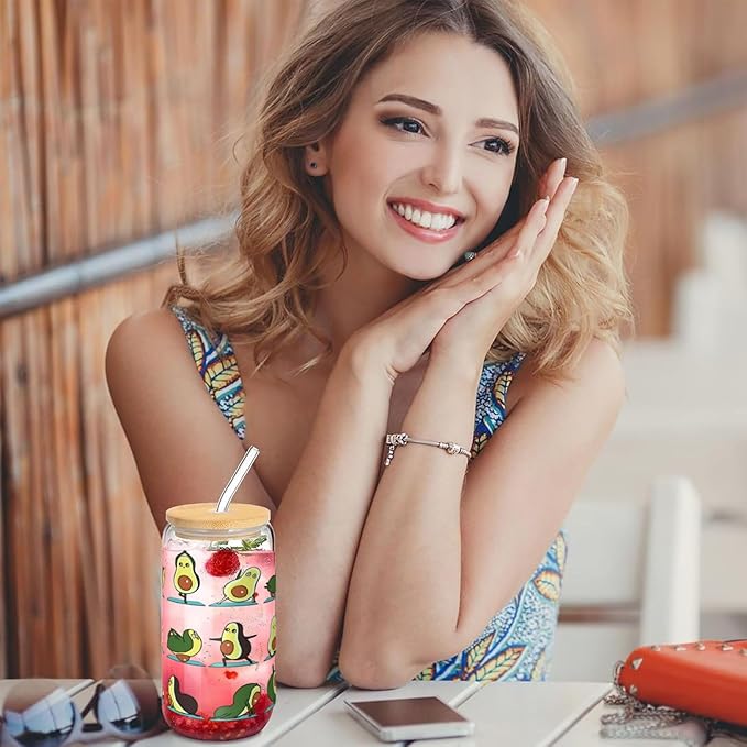 Avocado Yoga Transparent Glass Cup 16 OZ —— Bamboo Lid & Straw, The Travel Glassware Great for Any Occasion, Any Hot and Cold Drinks