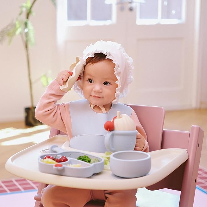 Silicone Baby Feeding Set, Gelato Collection Baby Led Weaning Supplies, First Self-Feeding Set with Suction Bowl & Plate, Sippy Cup & Bib, Fork & Spoon - Blue