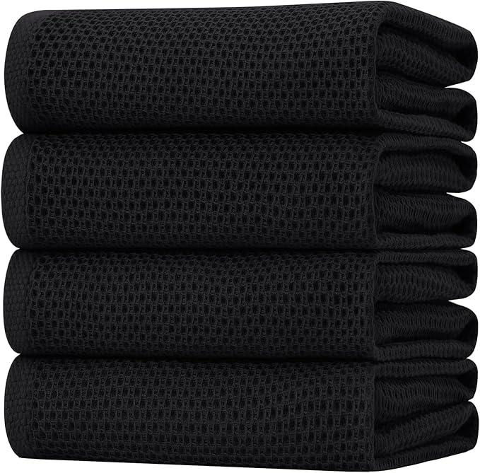 Homaxy 100% Cotton Oversized Waffle Weave Kitchen Dish Towels, Ultra Soft Absorbent Quick Drying Cleaning Towel, 20 x 28 Inches, 4-Pack, Black