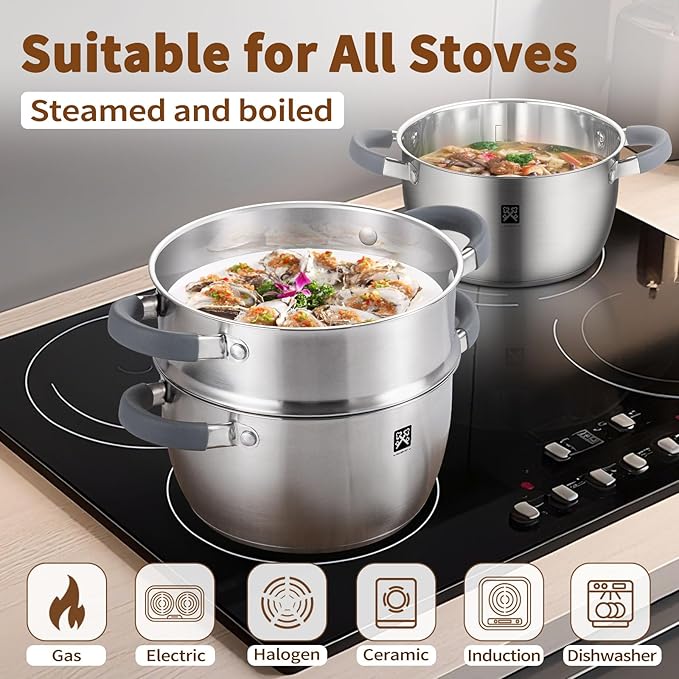 GOLDEN KEY 4.0 QT Steamer for Cooking,Steamer Pots with Vegetable Steam Basket,2-Tier Multipurpose 18/8 Stainless Steel Steaming Pot Cookware for Vegetable,Soup, Food,Dumplings,Oven & Dishwasher Safe